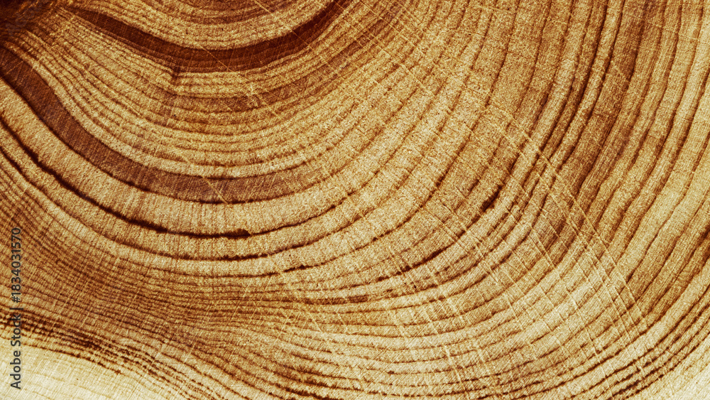 Fototapeta premium Macro banner of wood timber of juniper tree rings, natural geometric pattern, abstract nature background. Natural wooden organic textures, monochrome brown beige gradient color, earthy tones, above