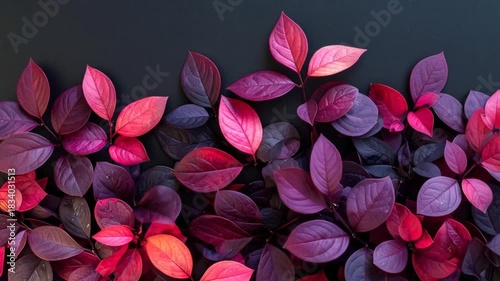 Vibrant Red and Purple Foliage on a Dark Background, Ideal for Botanical Imagery