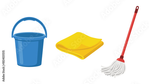 Illustration of cleaning supplies including mop bucket and rag for home cleaning and maintenance tasks