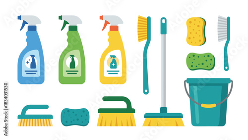 Cleaning supplies set with spray bottles brushes sponges and bucket for household chores and hygiene tasks