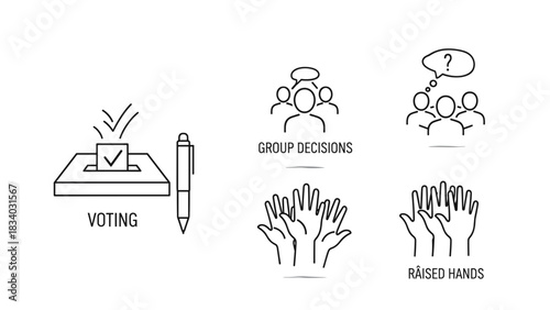 Voting process and group decisions with raised hands concept for democratic participation and elections theme
