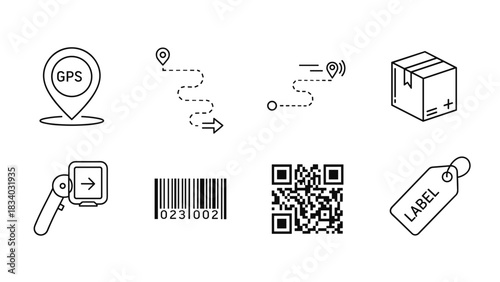 Delivery tracking logistics package gps location barcode qr code label scanner vector icons set for business