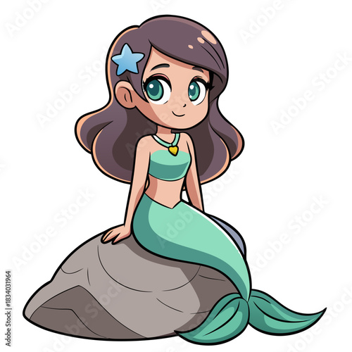 Cute Cartoon Mermaid Girl Sitting on a Rock with Shiny Tail Illustration
