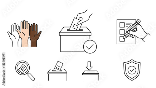 Election voting democratic process icons set for political participation and civic engagement campaign design