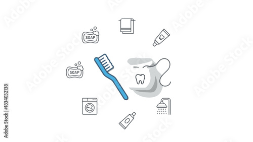 Daily hygiene routine essentials toothbrush toothpaste soap shower towel and dental floss for healthy lifestyle