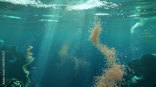 Wallpaper Mural 3d generated underwater scene with rising bubble plumes illuminated by sunrays shining through the water surface, surrounded by coral formations. A calm, cinematic ocean atmosphere. Torontodigital.ca