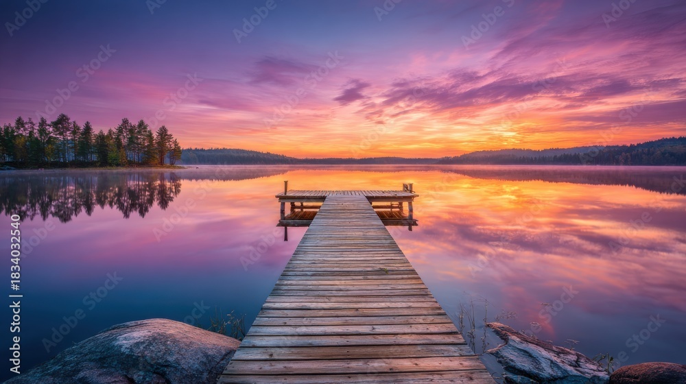 Obraz premium Sunset over a calm lake viewed from a wooden dock surrounded by trees in a natural setting