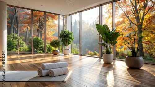 Autumnal Sanctuary: Yoga Studio with Forest View, Sunlight, Tranquility and Relaxation