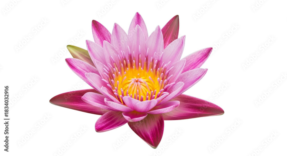 Obraz premium Isolated close up of a vibrant blooming lotus with yellow center focus on transparent background