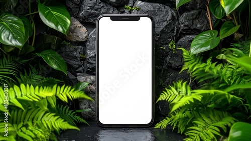 Smartphones Displayed Amidst Verdant Foliage on a Stone Surface, Perfect for Branding