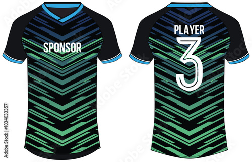 Sports t-shirt jersey design flat sketch illustration, Geometric abstract v neck Football jersey concept with front and back view for Soccer, Cricket, Volleyball, Rugby, tennis, badminton uniform kit