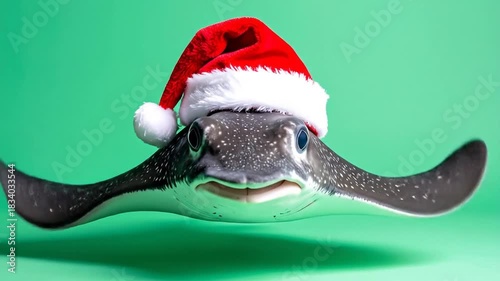 Festive Stingray Wearing Santa Hat on Green Background: Christmas and Holiday Cheer