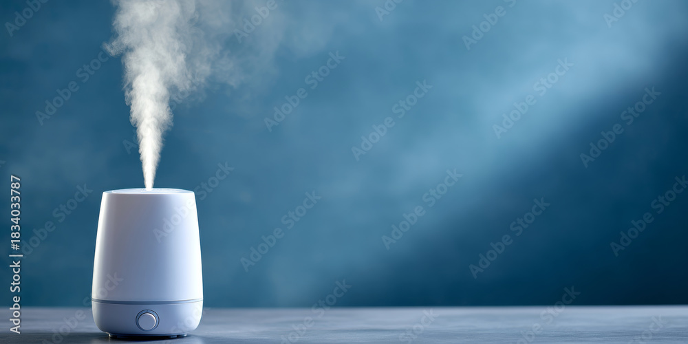 Fototapeta premium Modern white ultrasonic humidifier emitting visible mist on gray surface with blue blurred background