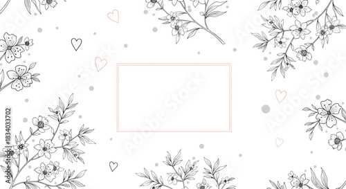 Elegant and romantic background with hand-drawn floral branches, scattered hearts, and a central rectangular frame for text or a message.