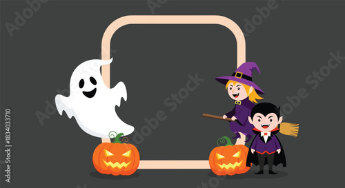 Cute Halloween background with a blank frame for copy space, featuring cartoon characters like a ghost, witch, and vampire with pumpkins.