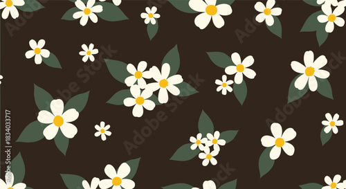 Simple and elegant seamless floral pattern featuring clusters of white and yellow daisy-like flowers with green leaves on a dark brown background.