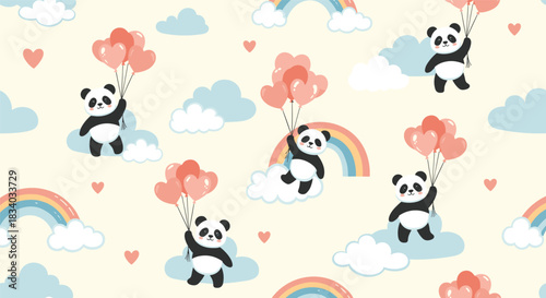 Whimsical seamless pattern with cute panda bears floating on clouds and holding heart-shaped balloons under rainbows in a dreamy sky.