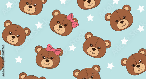 Cute seamless pattern for children with adorable teddy bear faces, including boys and girls with pink bows, among white stars on a blue background.