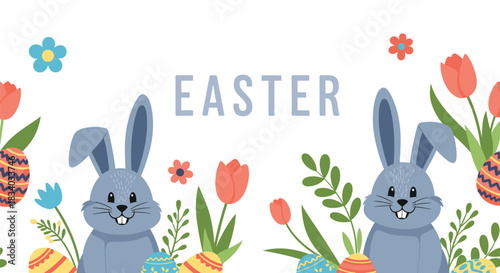 Festive Easter greeting card design with two cute gray bunnies surrounded by tulips, spring flowers, and decorated eggs on a white background.