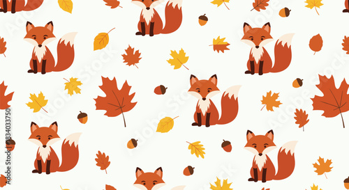Charming autumn seamless pattern featuring cute cartoon foxes sitting among colorful falling leaves and acorns on a white background.