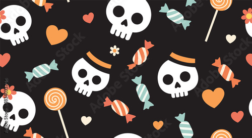 Cute and quirky Halloween seamless pattern with cartoon skulls wearing hats and flowers, mixed with candy, lollipops, and hearts on black.