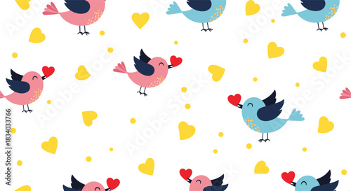 Sweet and simple seamless pattern with cute pink and blue birds carrying red hearts, scattered with yellow hearts on a white background.