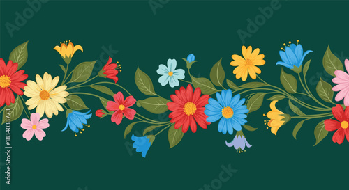 Vibrant and seamless floral border illustration with a dense garland of colorful flowers and green leaves on a dark green background.
