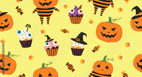 Fun and festive Halloween seamless pattern with spooky cupcakes, candy corn, jack-o'-lanterns, and pumpkin-headed figures on yellow.