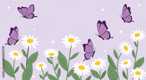 Charming and gentle illustration of purple butterflies fluttering above a field of white daisy flowers against a soft lavender background.