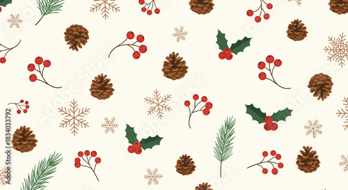 Classic Christmas seamless pattern with traditional holiday elements like pinecones, holly berries, snowflakes, and fir branches.
