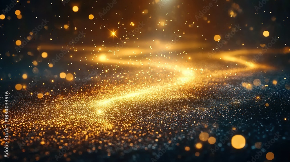 Obraz premium Golden Path Leading to Light with Glittering Particles and Bokeh Effects on Dark Background, Symbolic Abstract Design for Inspirational Themes