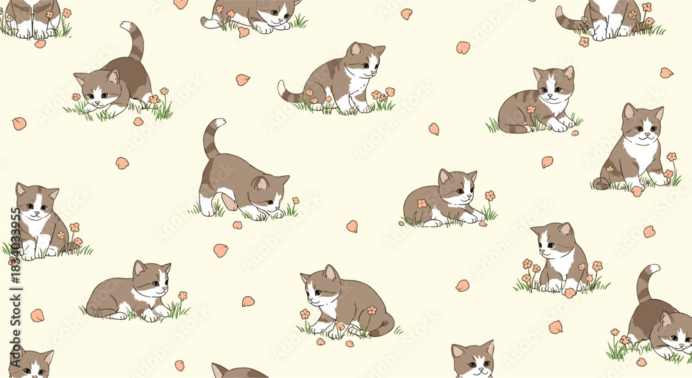 Obraz premium Adorable seamless pattern of cute brown and white kittens playing and sitting in grass with flowers, on a soft yellow background with petals.