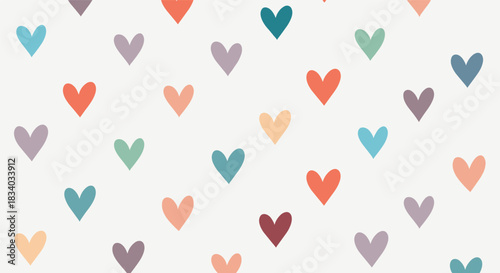 Simple and sweet seamless pattern featuring a scattered arrangement of colorful hand-drawn hearts in muted tones on a plain off-white background.