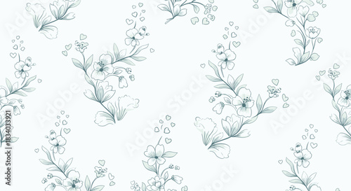 Elegant seamless pattern of delicate, hand-drawn floral branches with tiny hearts in a monochrome blue-gray on a clean white background.