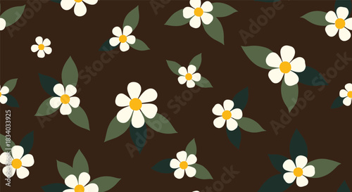 Simple and modern seamless floral pattern with stylized white and yellow flowers and green leaves scattered on a dark brown background.
