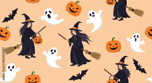 Spooky and fun seamless Halloween pattern with flying witches on broomsticks, cute ghosts, bats, and jack-o'-lanterns on a peach background.