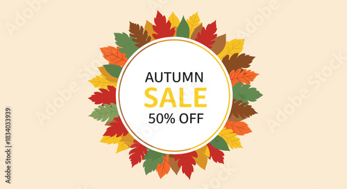 Autumn sale fifty percent off promotional banner with text inside a circular frame made of colorful red, yellow, and green fall leaves.