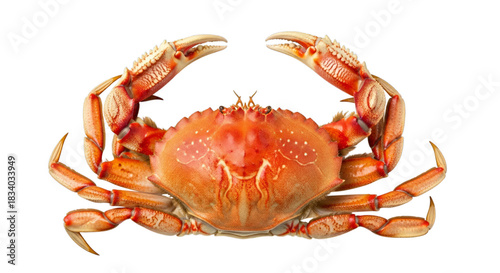 Isolated cooked crab with claws extended on a plain color surface on transparent background