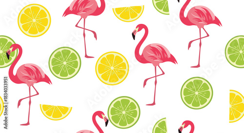 Tropical seamless pattern featuring pink flamingos, yellow lemon slices, and green lime slices scattered on a clean white background.