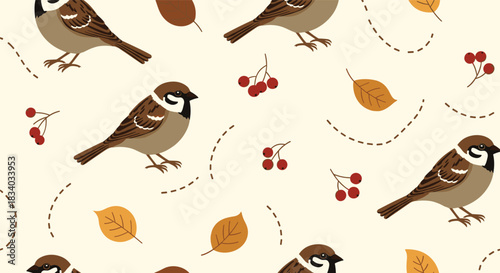 Charming seamless autumn pattern with cute sparrows, red rowan berries, and yellow leaves on a light beige background with dotted lines.