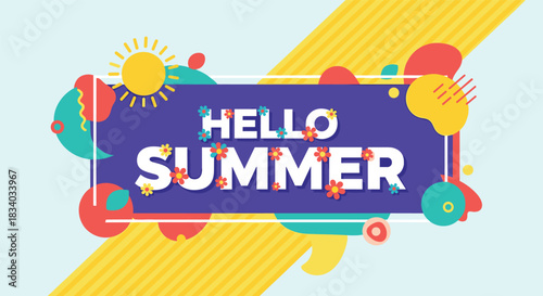 Vibrant and abstract "Hello Summer" banner with bold text, flowers, and colorful geometric shapes on a bright, dynamic background.