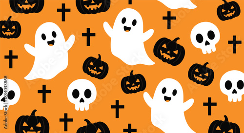 Fun and spooky seamless Halloween pattern with cute flying ghosts, skulls, black jack-o'-lanterns, and crosses on a bright orange background.