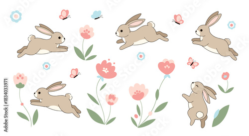 Set of cute cartoon bunny rabbits in various playful poses, such as running and jumping, among pink flowers and butterflies.