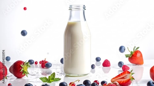 Milk Bottle Surrounded by Berries and Splashes: A Delicious and Refreshing Beverage Display