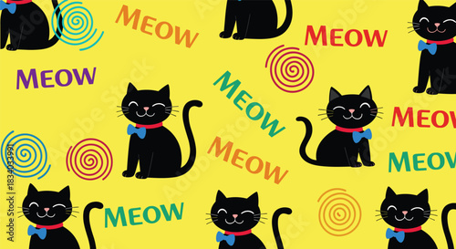 Playful seamless pattern with cute smiling black cats wearing blue bow ties, colorful "MEOW" text, and swirls on a yellow grid background.