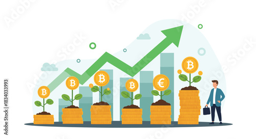 Businessman standing next to a rising bar chart with a green arrow, showing the growth of cryptocurrency investments like Bitcoin and Euro.