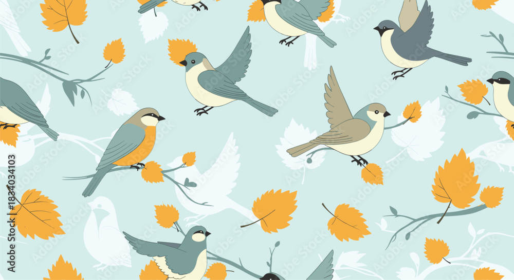 Fototapeta premium Seamless autumn pattern of cute birds in shades of blue and gray, flying and perched on branches with yellow leaves on a teal background.