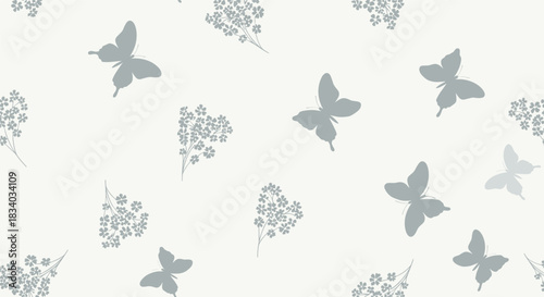 Simple and elegant seamless pattern of delicate gray butterfly and flower silhouettes scattered on a clean, off-white or light gray background.