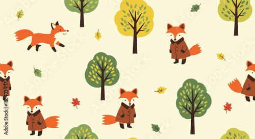 Charming seamless autumn pattern of cute cartoon foxes in coats, surrounded by stylized trees and falling leaves on a light background.
