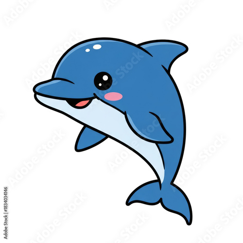 Illustration of a cartoon dolphin with big eyes and a smiling expression on transparent background